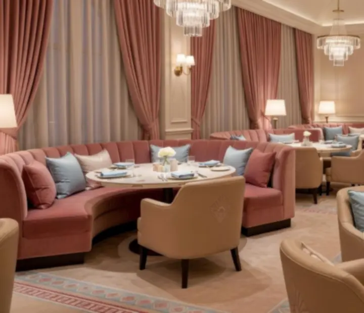 Salle de restaurant à l'ambiance casino élégante avec éclairages doux et décor pastel.