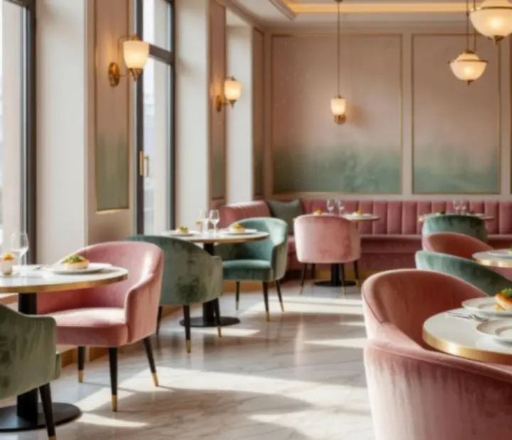 Ambiance douce et pastel du restaurant avec banquettes et lumières tamisées.