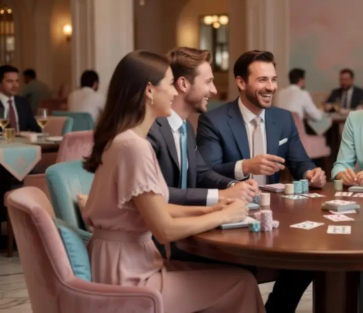 Convives partageant une soirée poker offline conviviale autour d'une table élégante.