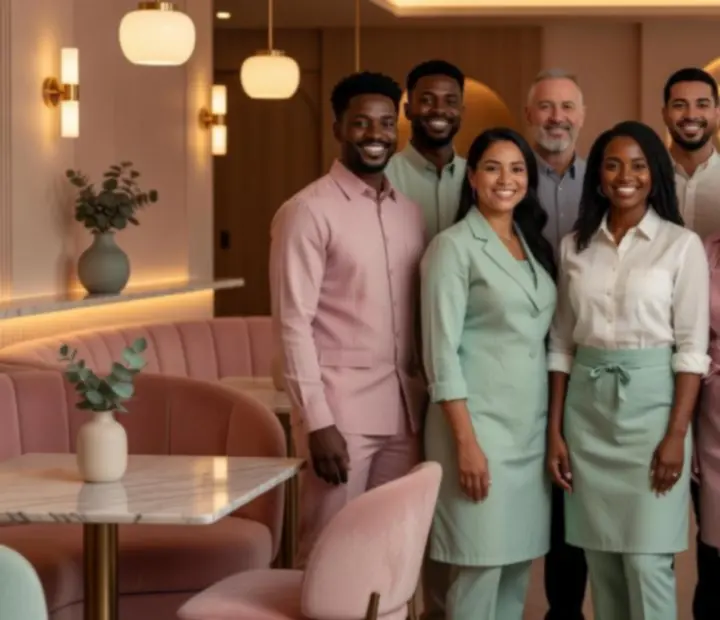 Équipe souriante de Solvieera dans le restaurant élégant