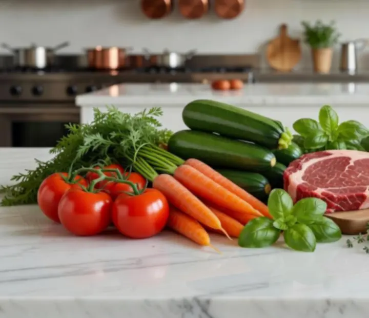 Sélection d’ingrédients frais pour une cuisine gastronomique moderne.