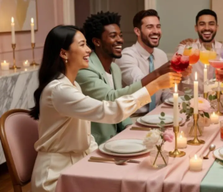 Groupe d'amis partageant un moment de convivialité autour d'une table de restaurant.