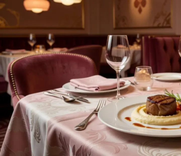 Plats signature dressés avec élégance dans une ambiance pastel.