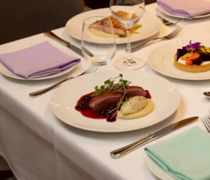 Assiettes gastronomiques servies autour d'une table de poker conviviale