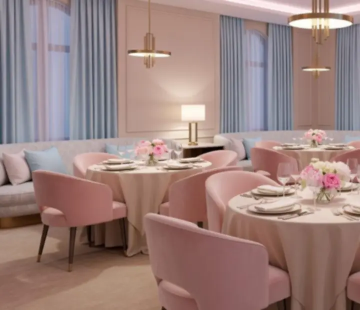 Salle d’événement privé élégante au restaurant Solvieera, décorée dans des tons pastel avec une atmosphère chaleureuse.