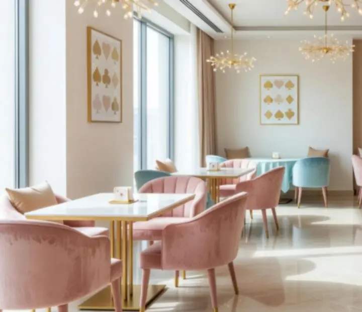 Salle lumineuse du restaurant Solvieera avec décoration inspirée des salons de casino.