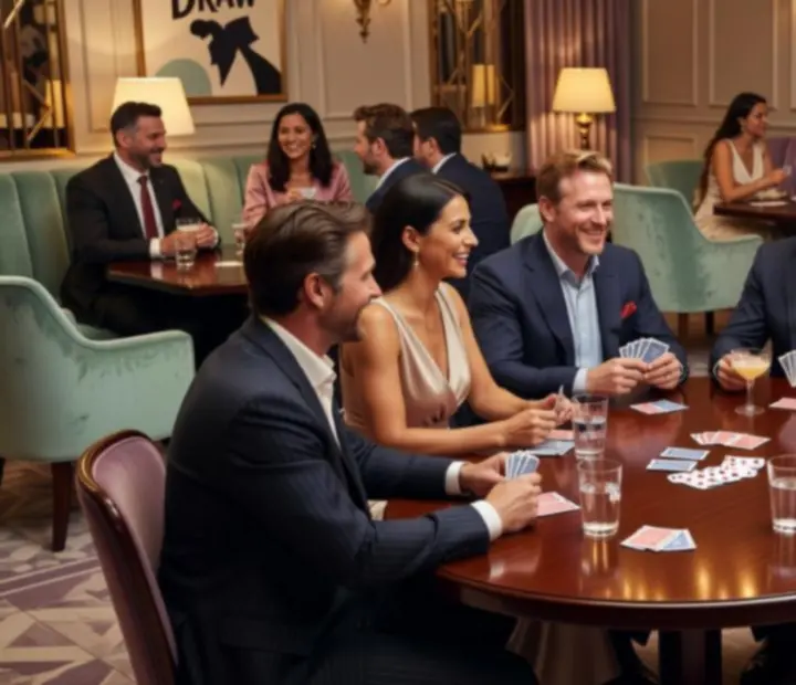 Soirée poker offline avec des convives rieurs réunis autour d'une table dans une ambiance feutrée.